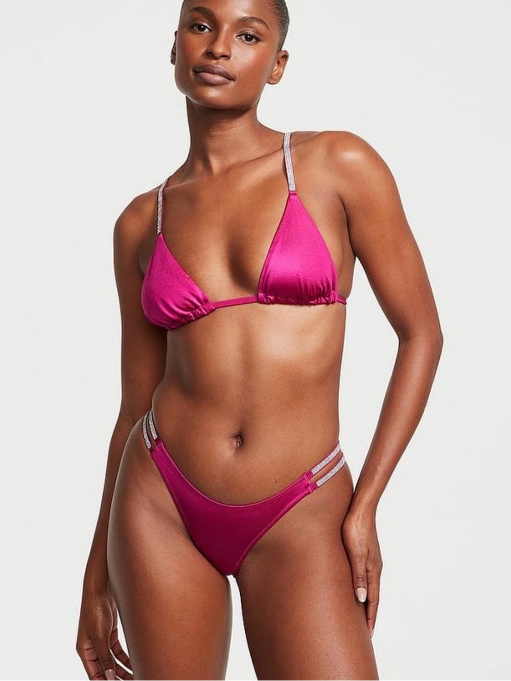 Victoria Secret Sparkle Strap Magenta Triangle Bikini Set